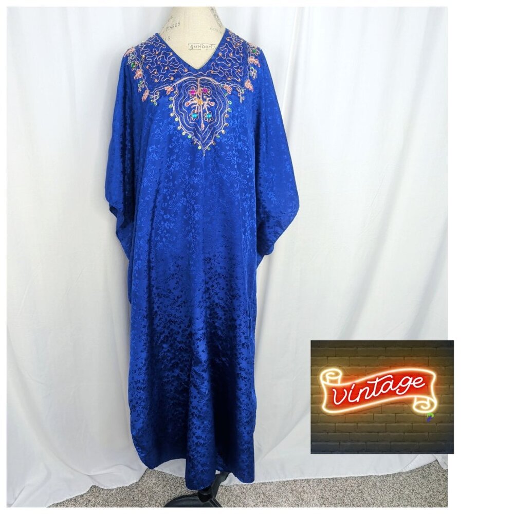 Vintage Sante Long Maxi Caftan One Size Blue Satin Beaded Embellished
